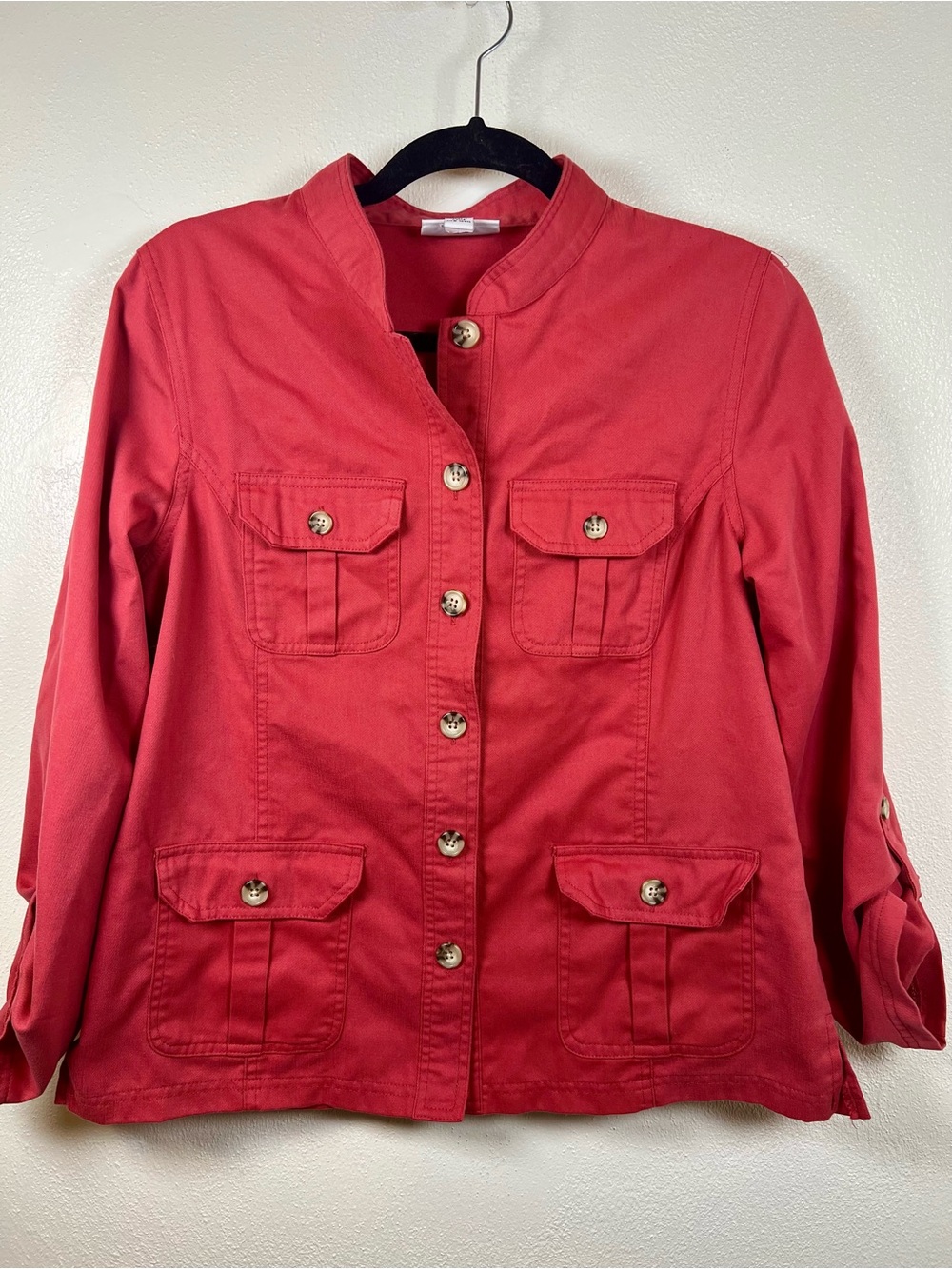 The Tog Shop Red Utility Field Jacket Womens Size M Roll Tab Sleeve Button Up